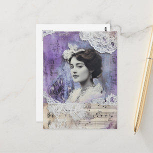 Cartão Postal Colagem de Música de Folha de Mulher Vintage Mídia