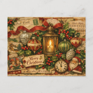 Cartão Postal Colagem de Natal Vintage com Papai Noel, Lanterna