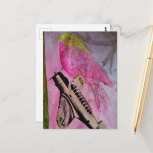 Cartão Postal Colagem de Passarinho Rosa Amarelo Fofo e Avião An
