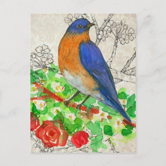 Cartão Postal Colagem de Rosas vermelhas de Aquarela Bluebird (Frente)