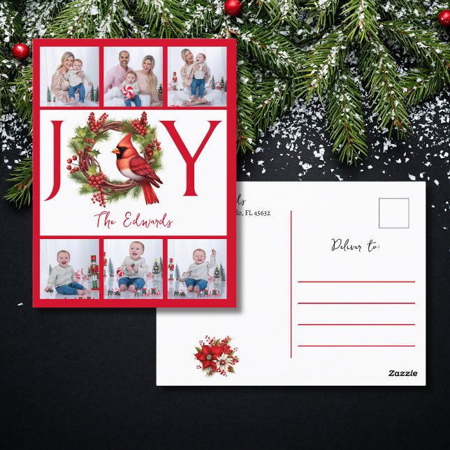 Cartão Postal Colagem de seis fotos | Cartão-postal Joy Red Chri (Spread joy this holiday season with a stylish postcard! Personalize and order yours today!)