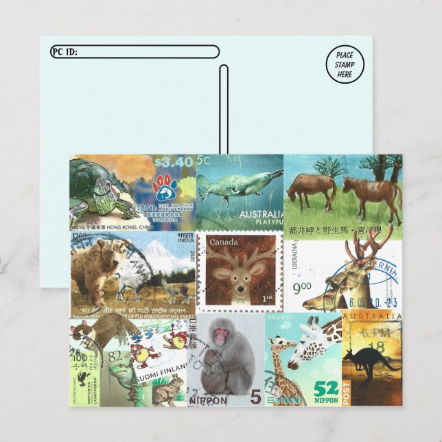 Cartão Postal Colagem de Selos Postais Internacionais de Animais (Frente/Verso)