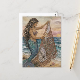Cartão Postal Colagem de Sereia com Rede de Pesca