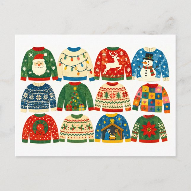 Cartão Postal Colagem de Suéteres de Natal Feios (Frente)