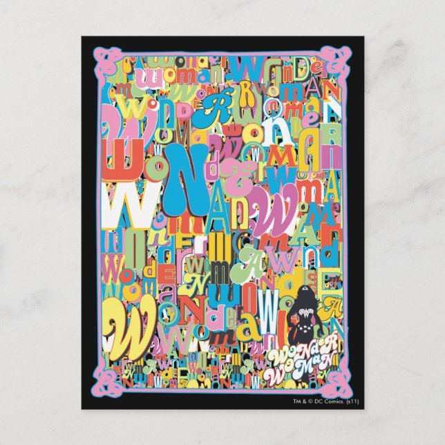 Cartão Postal Colagem de Texto da Mulher Maravilha (Frente)