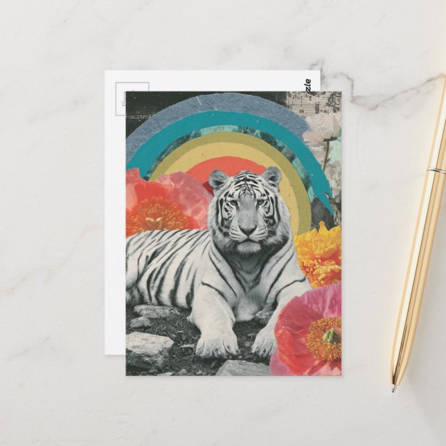Cartão Postal Colagem de Tigre Branco com Arco-íris e Flores (Frente/Verso In Situ)