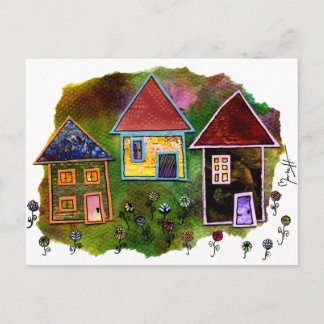 Cartão Postal Colagem de Três Casas com Flores