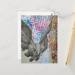 Cartão Postal Colagem Elefante Voador Fantasia