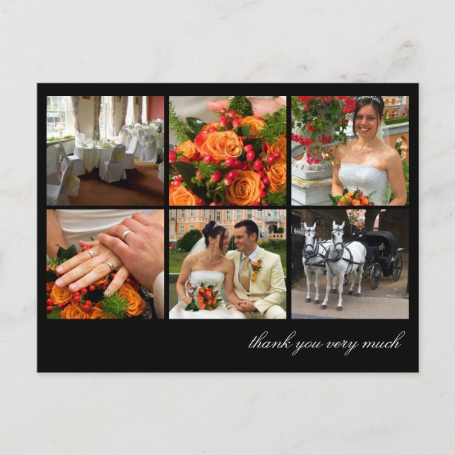 Cartão Postal Colagem em grade preto 6 fotos memórias obrigado v (Frente)