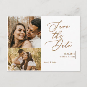 Cartão Postal Colagem Foto Texto Dourado Casamento Salvar a Data
