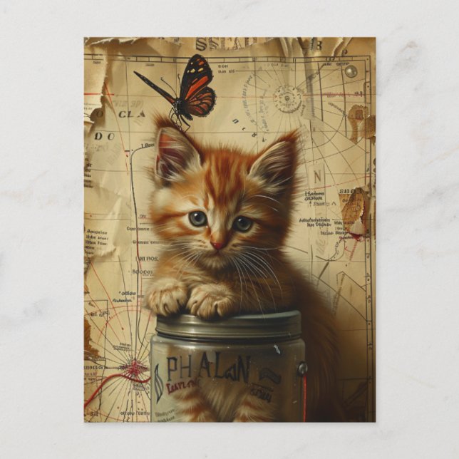 Cartão Postal Colagem Ginger Kitten Mídia Mista (Frente)