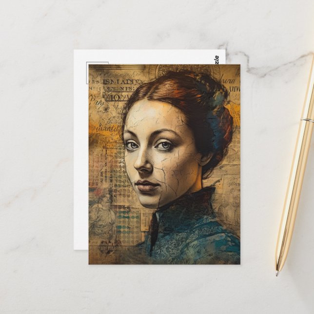 Cartão Postal Colagem Grunge de Mulher Vintage (Frente/Verso In Situ)