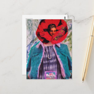 Cartão Postal Colagem Mídia Mista Floral Vermelha Relaxada Mulhe