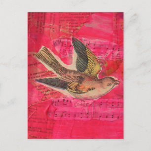 Cartão Postal Colagem Mídia Mista Pássaro Vintage Rosa Quente 