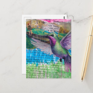 Cartão Postal Colagem Mista Abstrata de Beija-flor e Barco