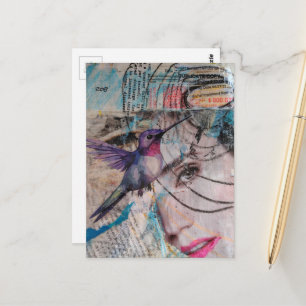 Cartão Postal Colagem Mista Abstrata de Rosto e Beija-flor