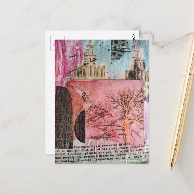 Cartão Postal Colagem Mista de Árvore de Inverno e Edifícios (Frente/Verso In Situ)