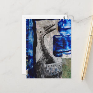 Cartão Postal Colagem Mista de Dinossauro Ave com Tinta Azul