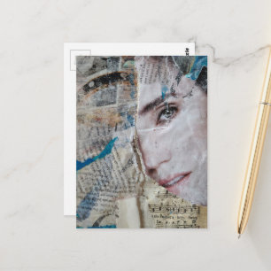 Cartão Postal Colagem Mista de Mídia Abstrata Facial
