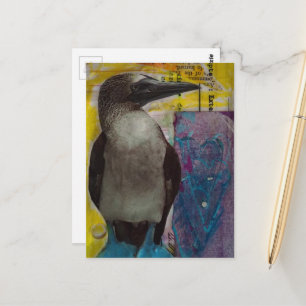 Cartão Postal Colagem mista de pássaro de pé azul