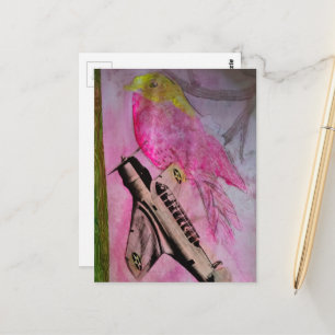 Cartão Postal Colagem Mista de Pássaro Rosa e Avião Antigo