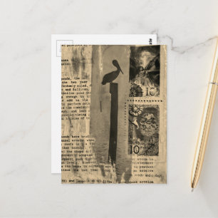 Cartão Postal Colagem mista de Pelicano Sepia