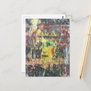 Cartão Postal Colagem Mista de Rosto Verde Abstrato