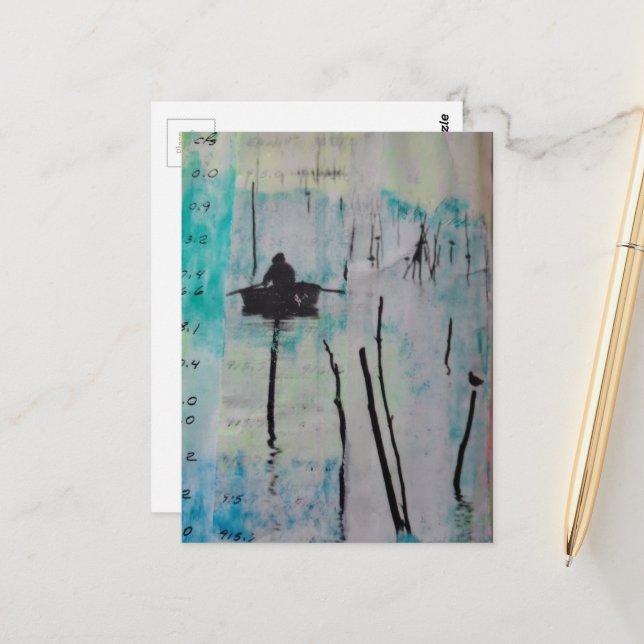 Cartão Postal Colagem Mista de um Barco e um Pássaro (Frente/Verso In Situ)