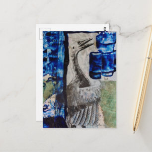 Cartão Postal Colagem Mista Pintura Azul Dino Pássaro