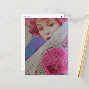 Cartão Postal Colagem Mista Retro Senhora de Cabelo Rosa Bonito