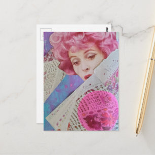 Cartão Postal Colagem Mista Senhora de Cabelo Rosa Retro