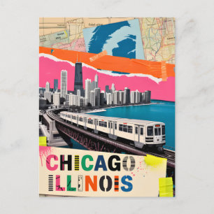 Cartão Postal Colagem Pop Art de Trem da Silhueta de Chicago Via