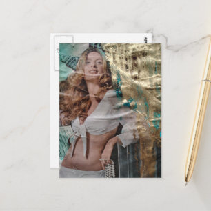 Cartão Postal Colagem Retro Senhora Loira Bonita com pérolas