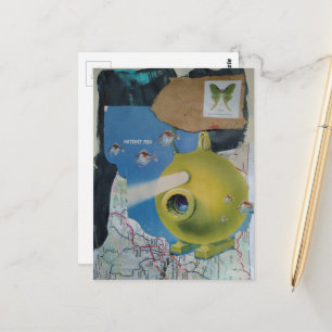 Cartão Postal Colagem Retro Submarino Peixe e Mariposa
