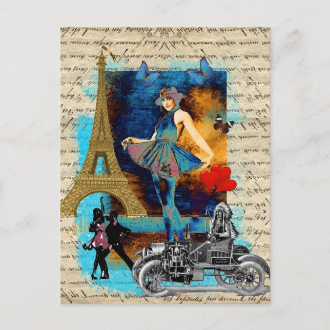 Cartão Postal Colagem Romântica em Paris (Frente)