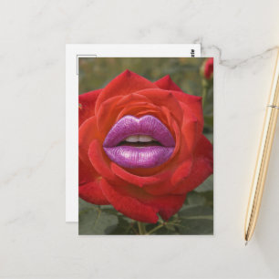 Cartão Postal Colagem Rosa Vermelho com Lábios Rosa
