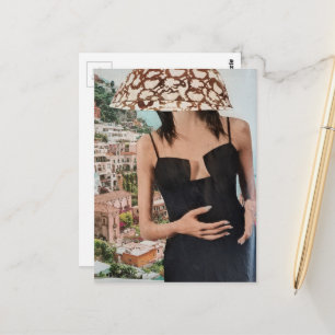 Cartão Postal Colagem Senhora com Vestido Preto com Tigela na Ca