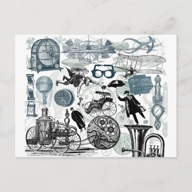 Cartão Postal Colagem Steampunk Colorida (Frente)