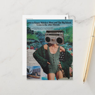 Cartão Postal Colagem Surrealista Caixa de Som Havaiana Mulher