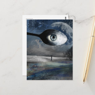 Cartão Postal Colagem Surrealista de Lua e Colher Árvores Solitá