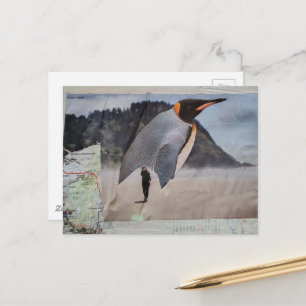 Cartão Postal Colagem Surrealista de Pinguim na Praia