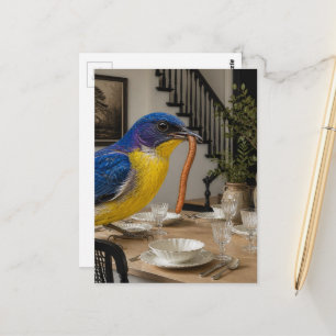 Cartão Postal Colagem Surrealista de um Pássaro Azul Fofo na Sal