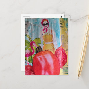 Cartão Postal Colagem Surrealista Divertida de Verão Mulher Flam