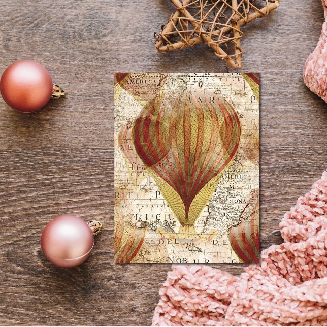 Cartão Postal Colagem Vitoriana Steampunk de Balões de Ar Quente (Need to write a quick note? This hot air balloon design is perfect.)