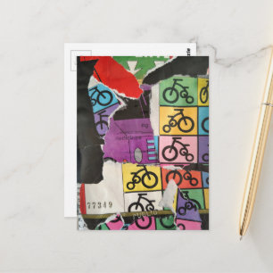 Cartão Postal Colagens de bicicletas coloridas em mídia mista
