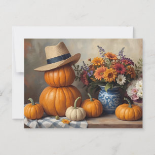 Cartão Postal Colheita de Abóbora do País com Flores