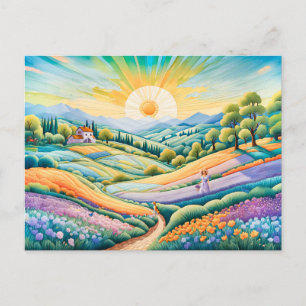 Cartão Postal Colheita de Verão com Campos de Lavanda e Flor