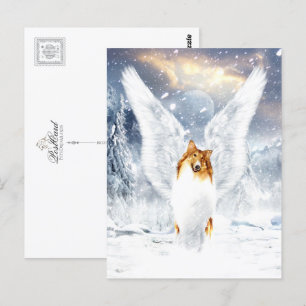 Cartão Postal Collie Angel na paisagem de inverno de neve