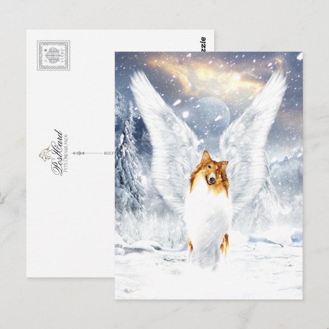 Cartão Postal Collie Angel na paisagem de inverno de neve (Frente/Verso)