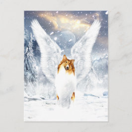 Cartão Postal Collie Angel na paisagem de inverno de neve